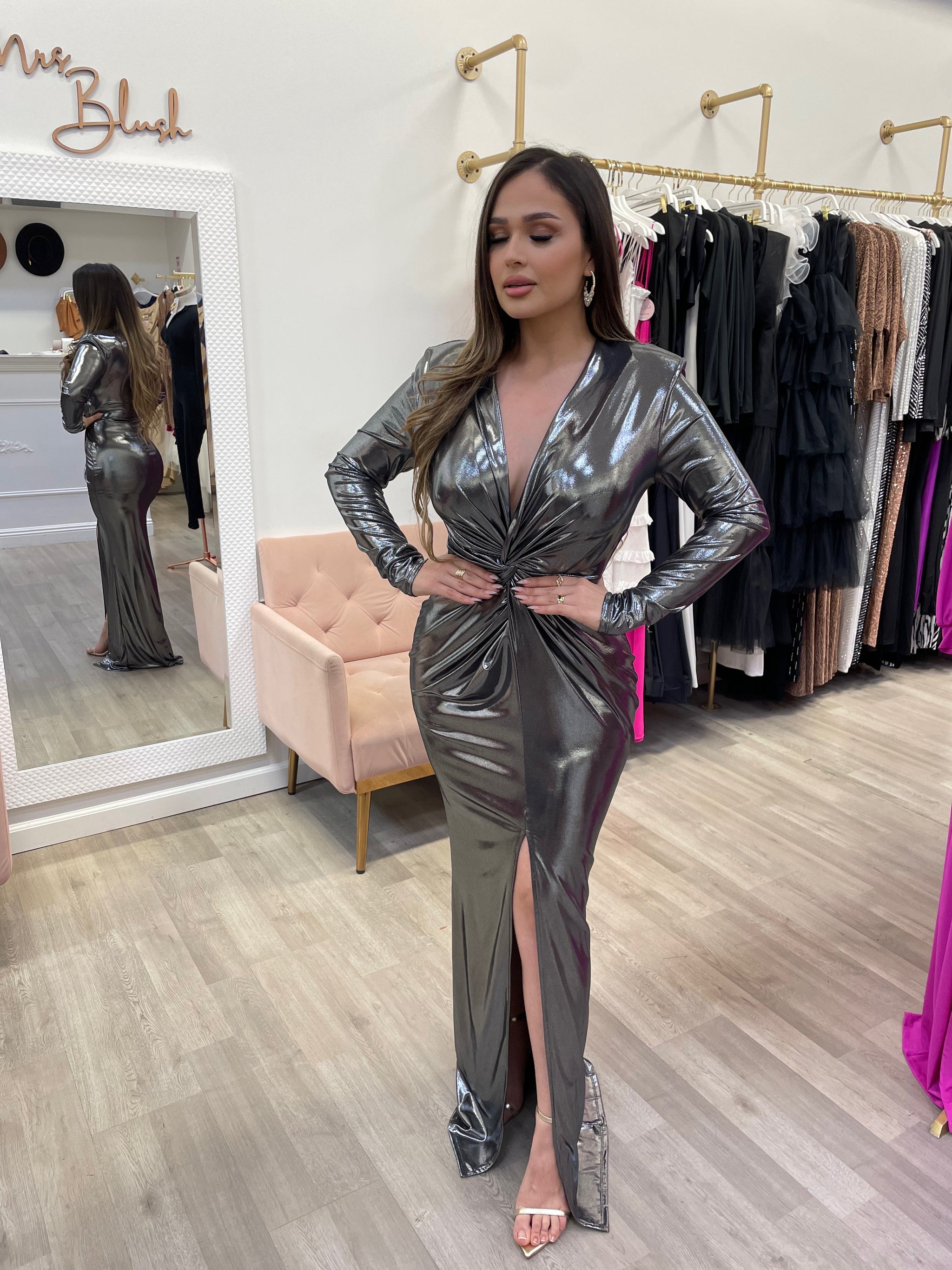 TAYLOR COUTURE DRESS- PEWTER – Mrs. Blush