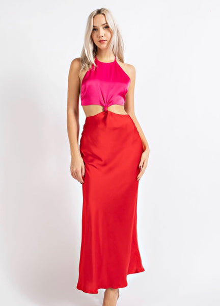 BRIE SATIN MIDI-PINK/RED