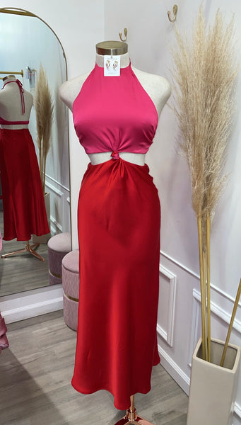 BRIE SATIN MIDI-PINK/RED