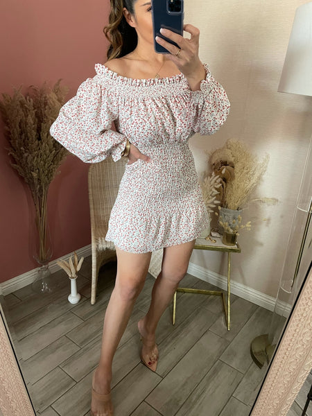 MOLLY  SMOCKED FLORAL DRESS- NATURAL