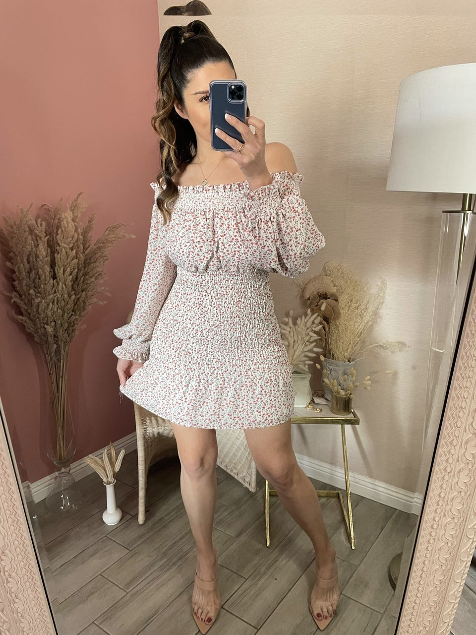 MOLLY  SMOCKED FLORAL DRESS- NATURAL