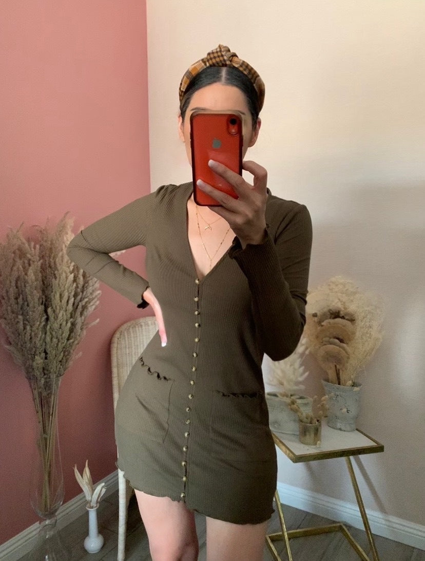 KENDRA RIBBED DRESS - Olive