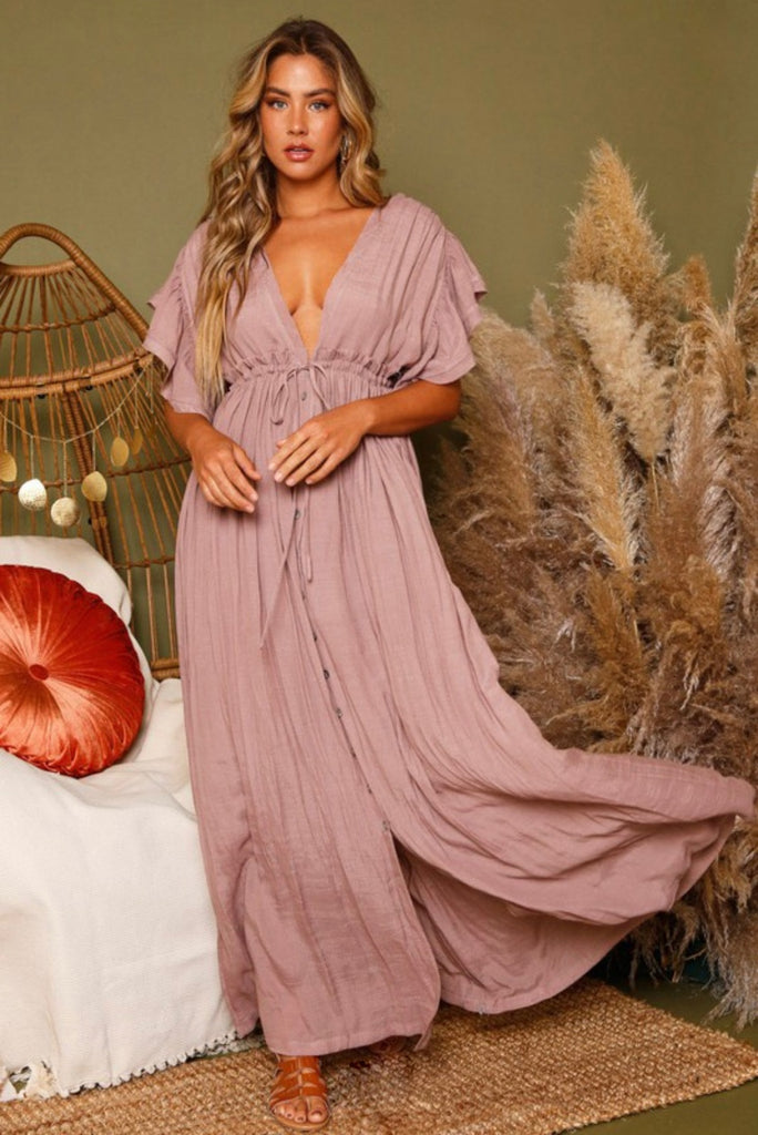 GIANNA DEEP V MAXI DRESS- DUSTY MAUVE – Mrs. Blush